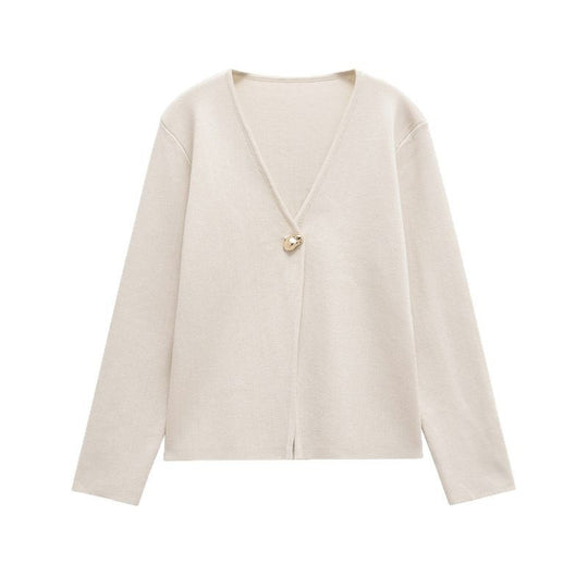 Damen schicke Strickjacke mit elegantem V-Ausschnitt und dekorativem Knopf Heidi-Mode