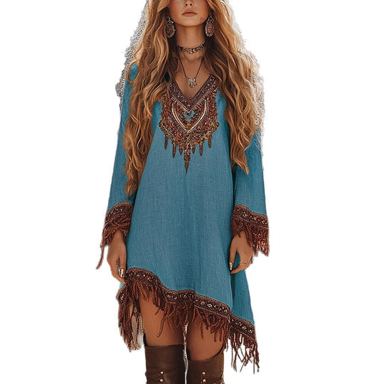 Damen Festival-Kleid mit kunstvollem Stickdesign und Fransen Heidi-Mode