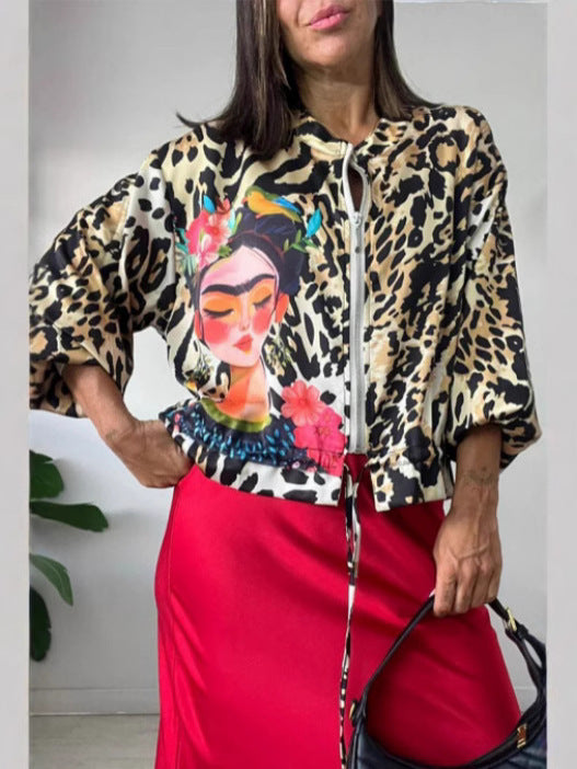 Damen entspannte Bomberjacke mit extravagantem Leoparden-Motiv Heidi-Mode