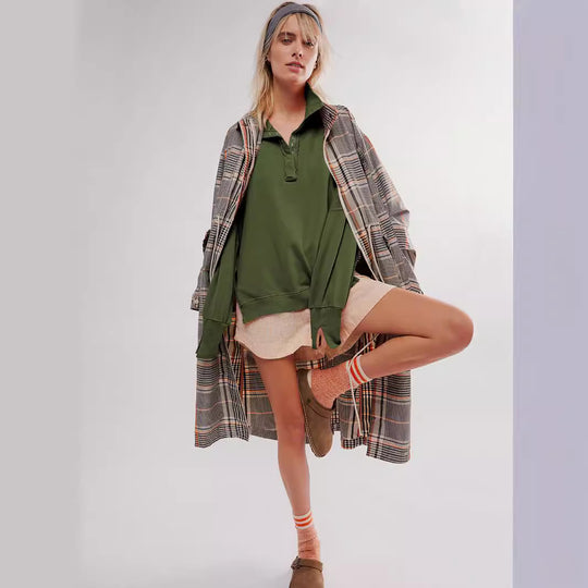 Damen Oversize Pullover mit Kragen und Druckknöpfen Heidi-Mode