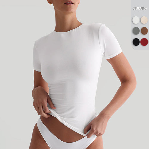 Damen figurbetontes T-Shirt mit Rundhalsausschnitt und kurzem Arm Heidi-Mode