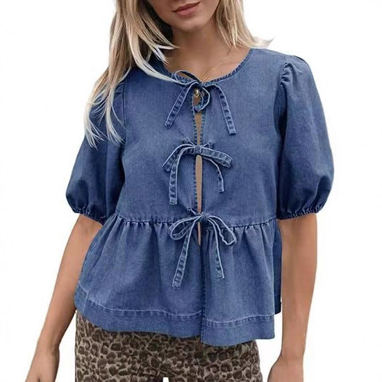 Damen Modische Jeansbluse mit dekorativen Schleifendetails und voluminösen Ärmeln Heidi-Mode