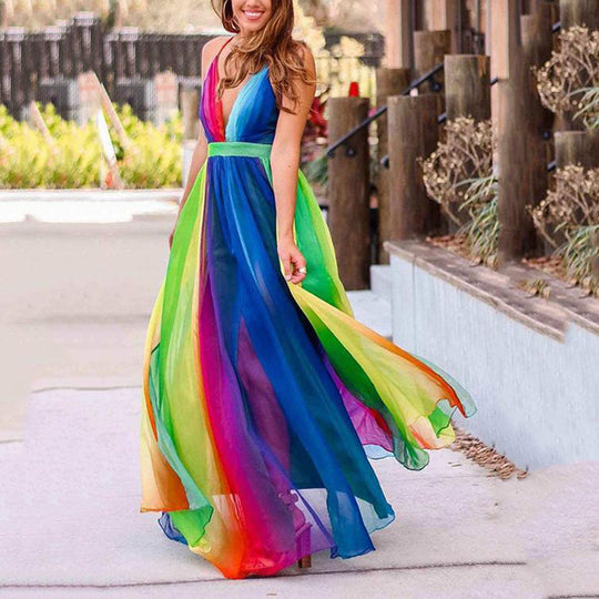 Heidi-Mode | Regenbogen Chiffon Spaghetti-Träger Kleid