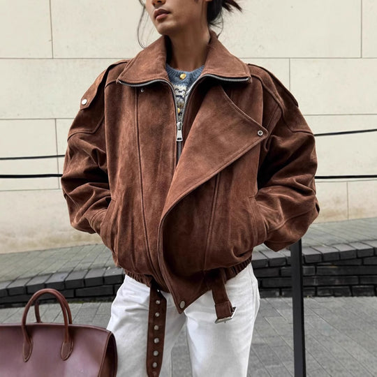 Damen modischer Wildleder-Style Oversized-Jacke mit Gürtel Heidi-Mode