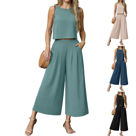 Damen luftiges Zweiteiler-Set mit weitem Hosenbein und ärmellosem Top Heidi-Mode