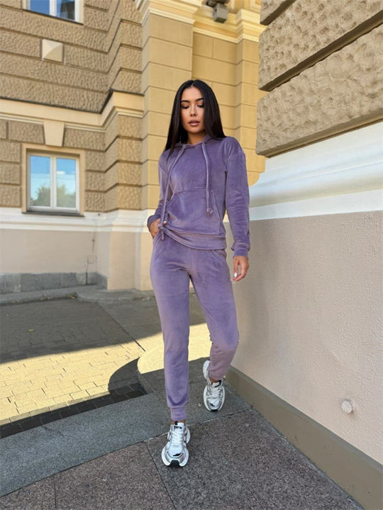 Damen sportlicher Velours-Jogginganzug mit Kapuze und elastischem Bund Heidi-Mode