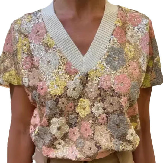 Damen Glamouröses Strickoberteil mit Blumenapplikationen und funkelnden Pailletten Heidi-Mode