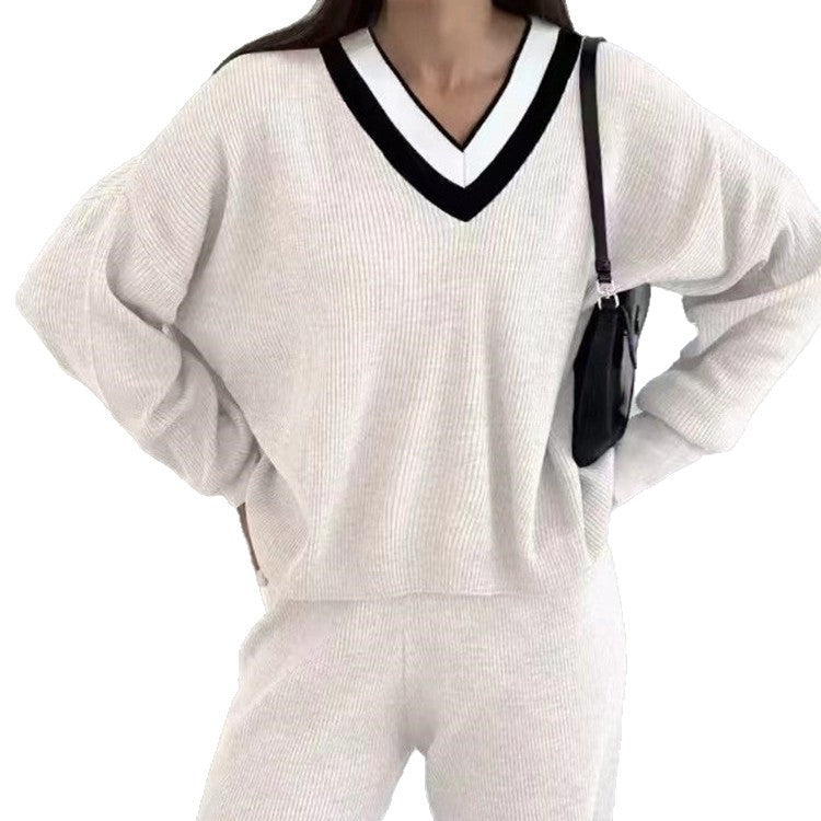 Damen gemütlicher V-Ausschnitt Pullover mit gestreiftem Kragen Heidi-Mode