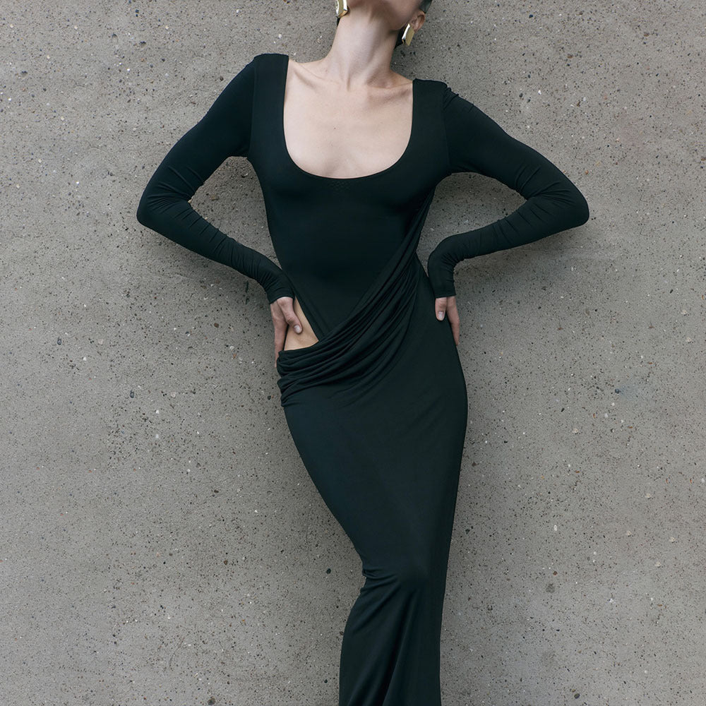Damen figurbetontes Maxikleid mit innovativem Drapierungselement Heidi-Mode