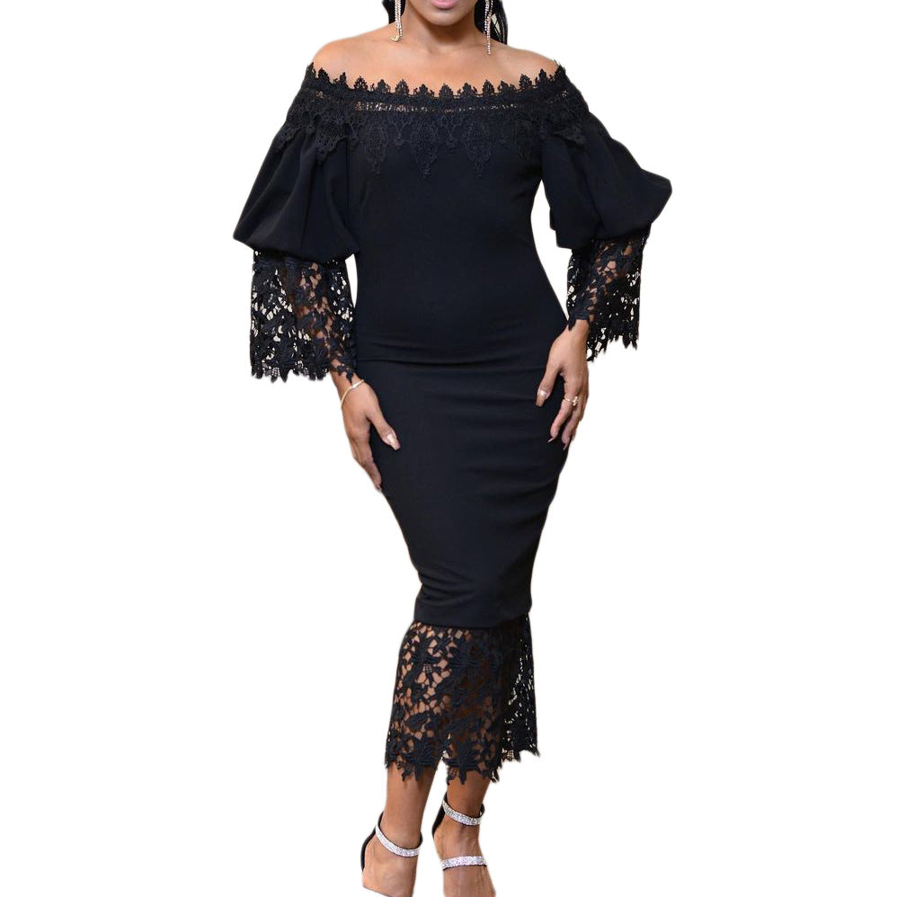 Damen Kleider im Off-Shoulder-Stil mit Spitzenärmeln und figurbetontem Schnitt Heidi-Mode
