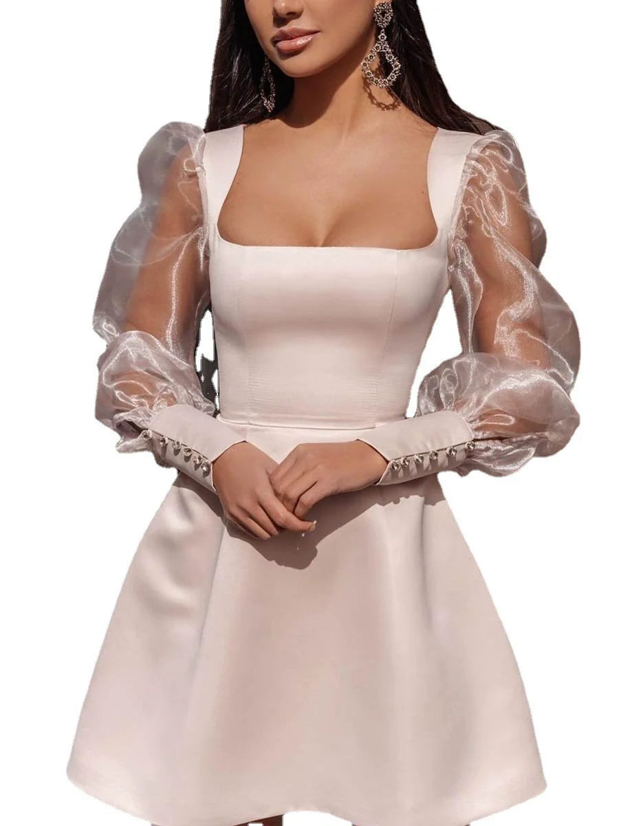 Heidi-Mode | Hellblaues Quadratisches Kragenfeen Kleid