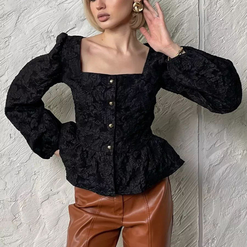 Damen Bluse mit Quadrat-Ausschnitt und strukturiertem Stoff Heidi-Mode
