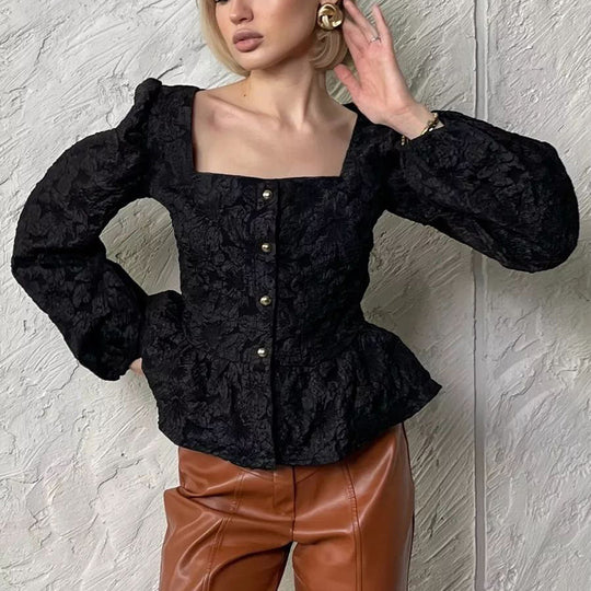 Damen Bluse mit Quadrat-Ausschnitt und strukturiertem Stoff Heidi-Mode