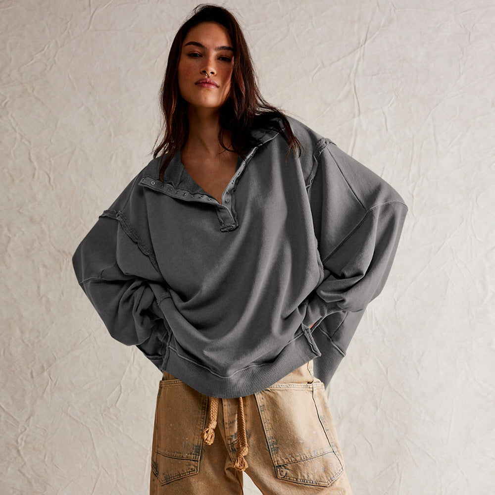 Damen Oversize Pullover mit Kragen und Druckknöpfen Heidi-Mode