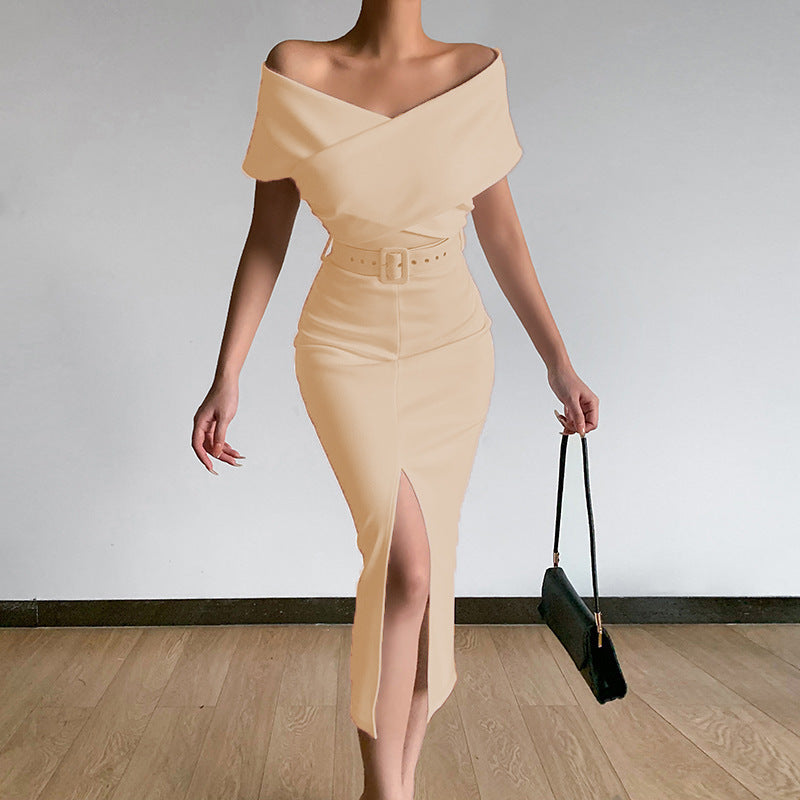 Damen Etuikleid mit schulterfreiem Design und hohem Schlitz Heidi-Mode