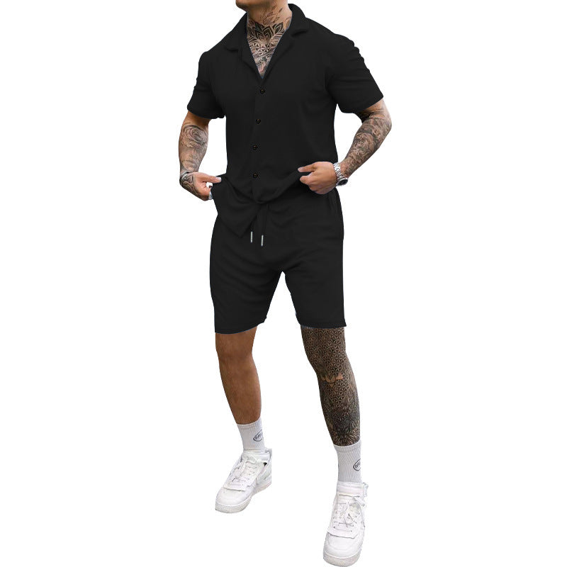 Herren Freizeit-Kurzarm-Set mit Knopfleiste und verstellbarem Kordelzug Heidi-Mode