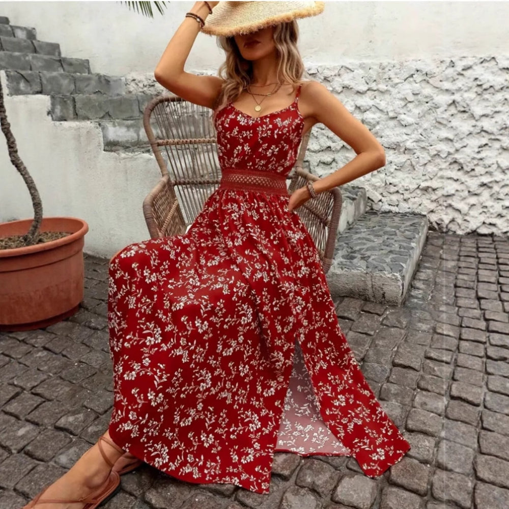 Damen Sommermaxikleid mit floralem Design und raffiniertem Schlitz Heidi-Mode