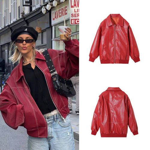 Damen Elegante Kunstlederjacke mit hochstehendem Kragen und elastischen Bündchen Heidi-Mode