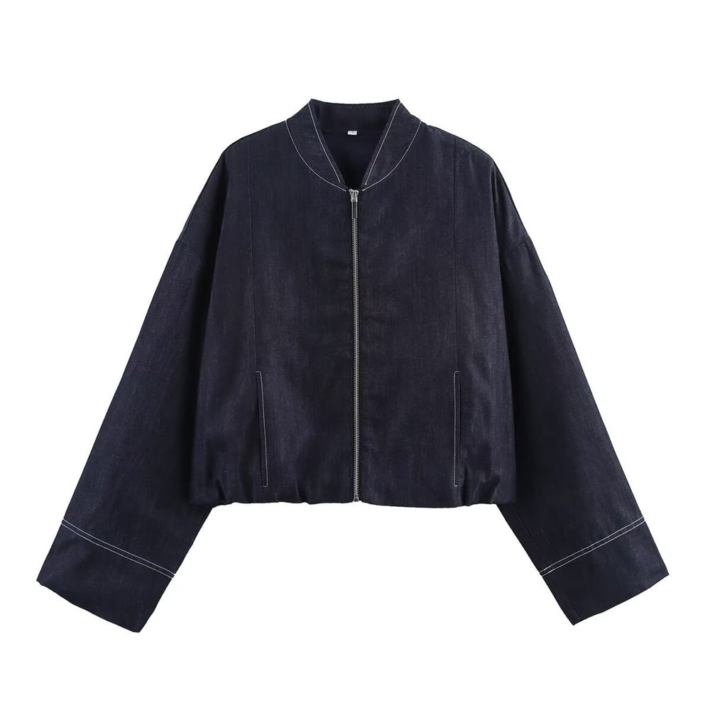 Damen cropped Denim-Jacke im lässigen Blouson-Stil mit Reißverschluss Heidi-Mode