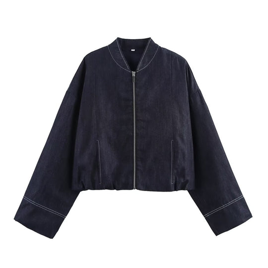 Damen cropped Denim-Jacke im lässigen Blouson-Stil mit Reißverschluss Heidi-Mode