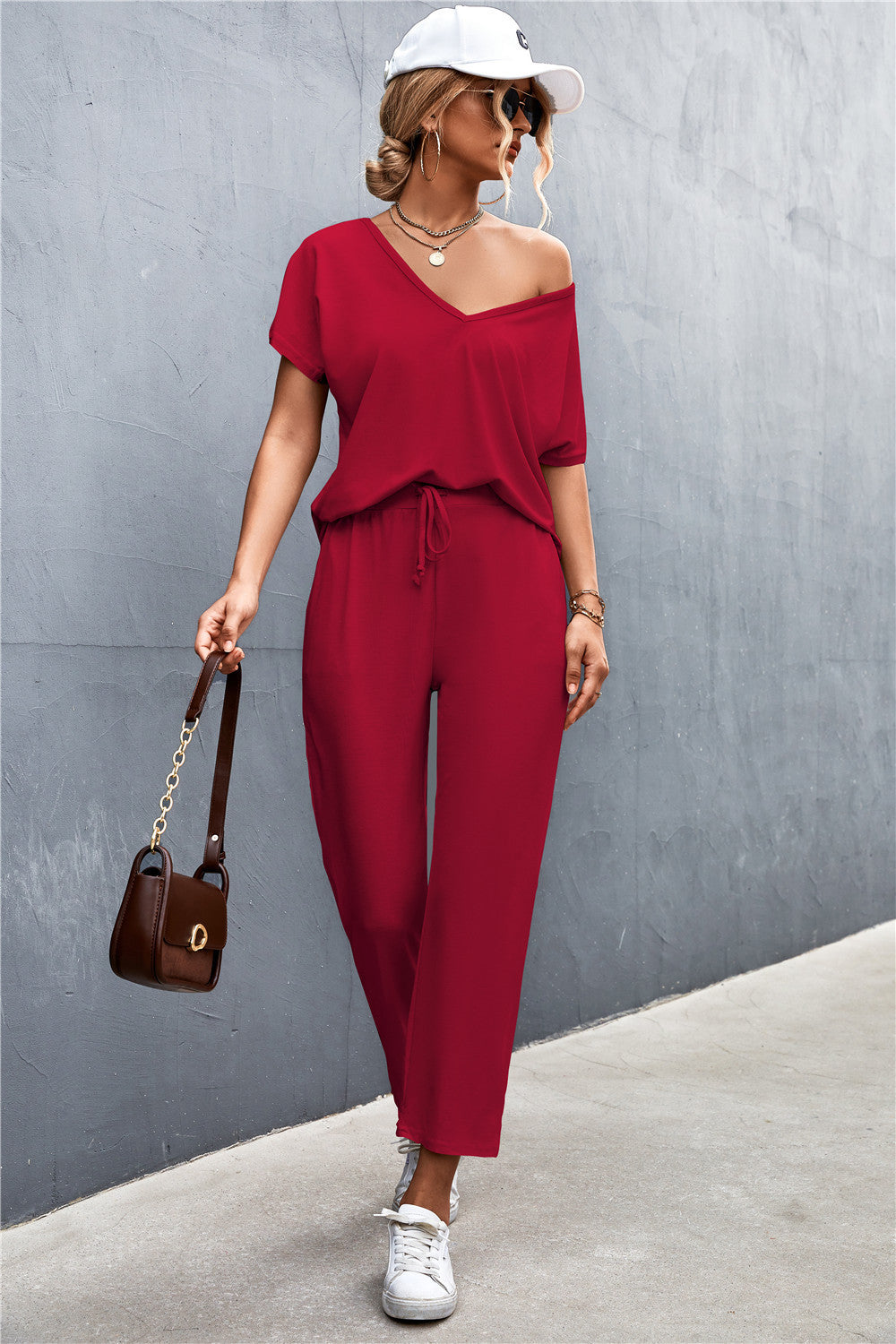 Damen Lounge-Set mit lässigem V-Ausschnitt und elastischen Bündchen Heidi-Mode