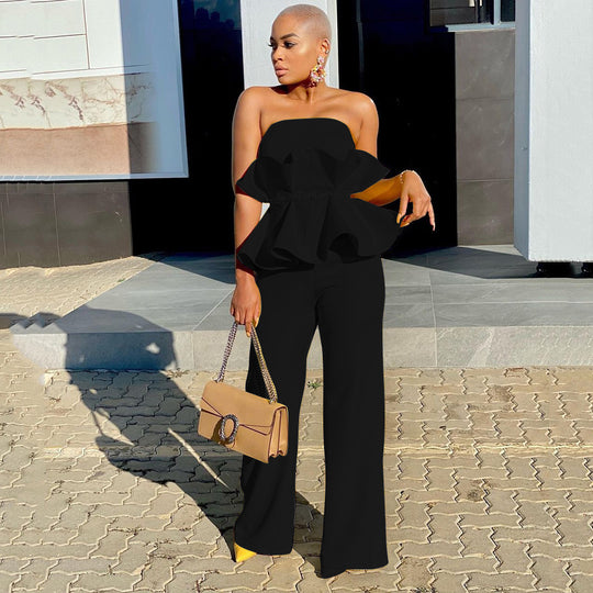 Damen Peplum Jumpsuit mit elegantem Oberteil und weiten Beinen Heidi-Mode