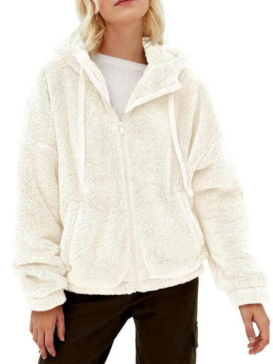 Damen Flauschige Plüschjacke mit Kapuze und Frontreißverschluss Heidi-Mode
