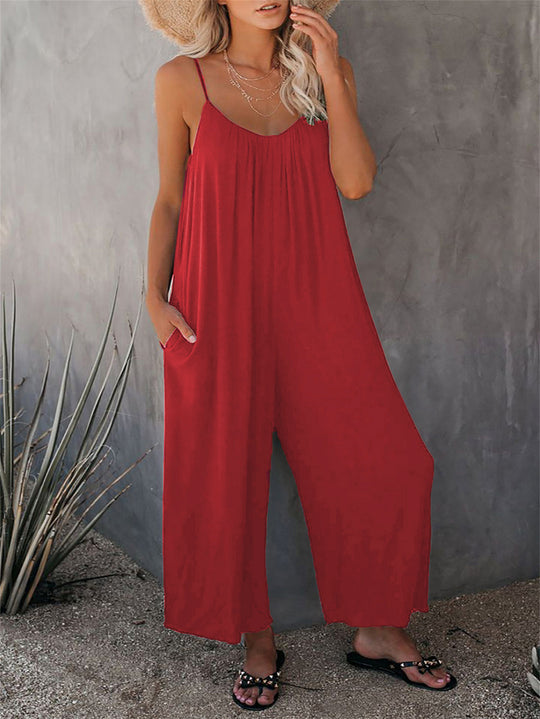 Damen Lässiger Sommer-Jumpsuit mit tiefem Ausschnitt und praktischen Taschen Heidi-Mode