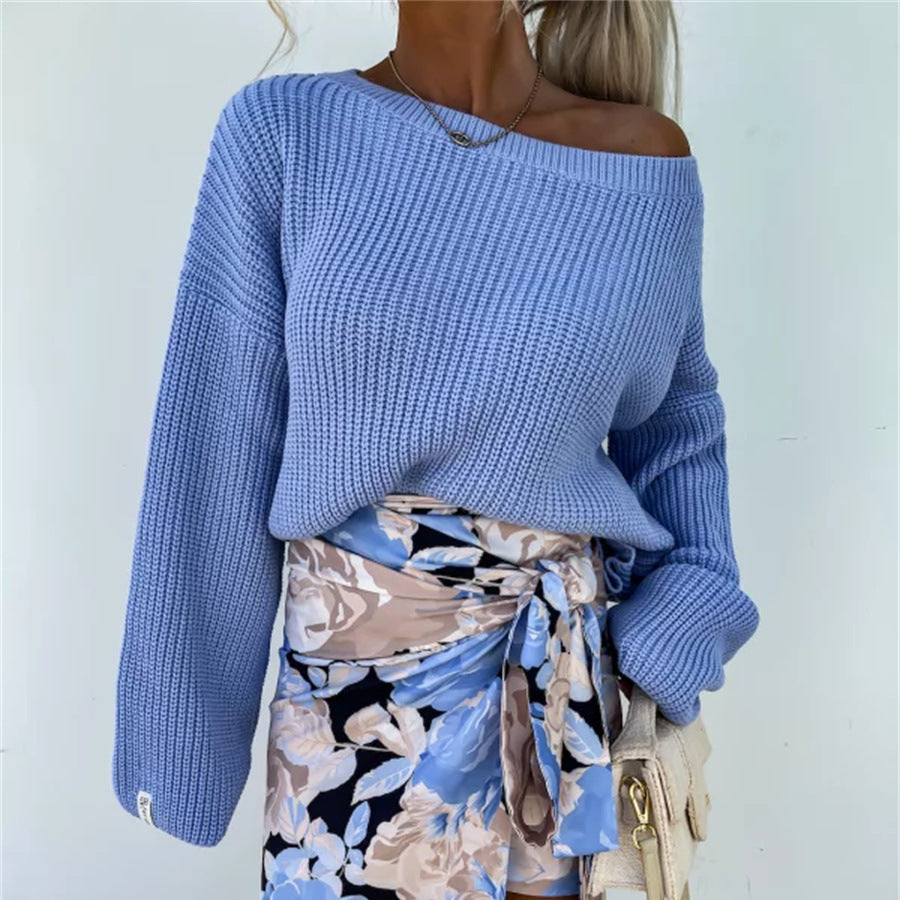 Damen gemütlicher Strickpullover mit weitem Schnitt und offener Schulter Heidi-Mode