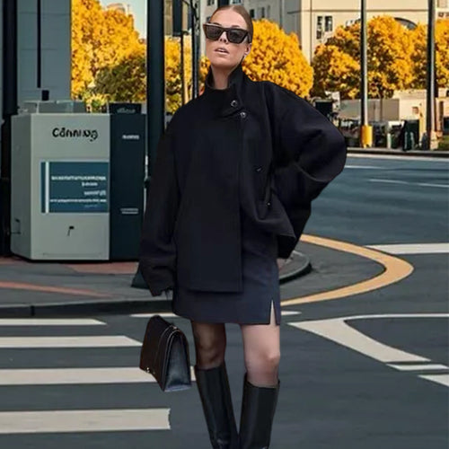 Damen Lässige Wolldecke-Jacke mit hohem Kragen und Knopfverschluss Heidi-Mode