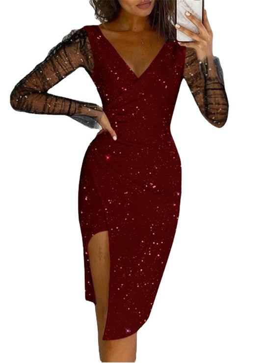 Damen elegantes Wickelkleid mit transparenten Ärmeln und schimmerndem Sternenmuster Heidi-Mode