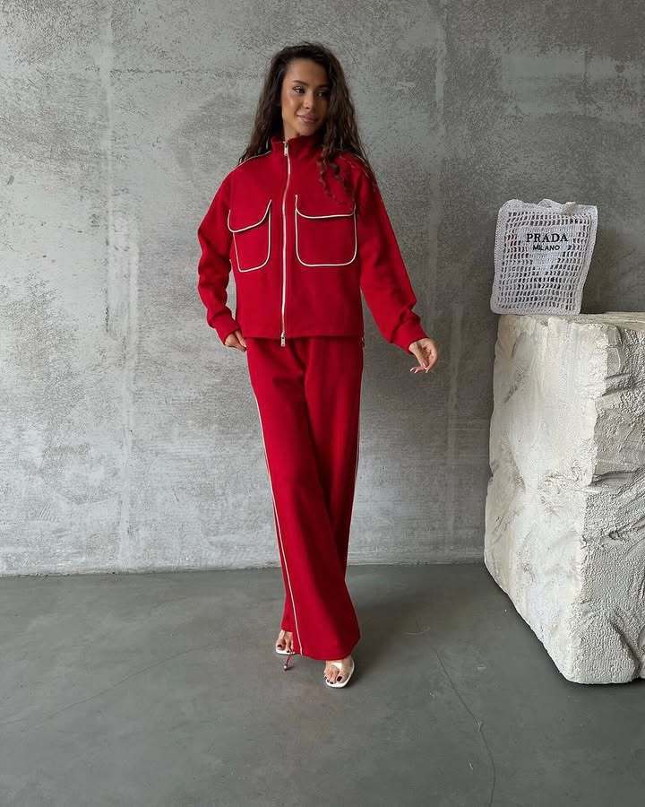 Damen lässiges Sport-Loungewear-Set mit praktischen Taschen und hohem Kragen Heidi-Mode