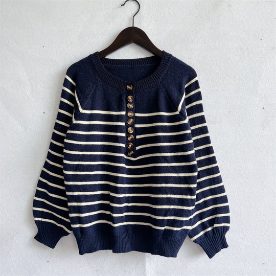 Damen gestreifter Strickpullover mit Knopfdetails und lässigem Schnitt Heidi-Mode