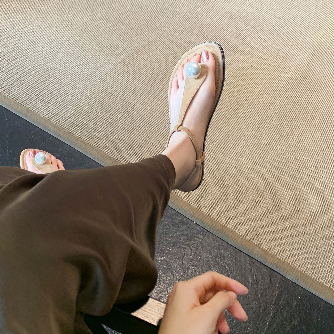 Damen Perlenverzierte T-Strap Flache Sandalen Heidi-Mode