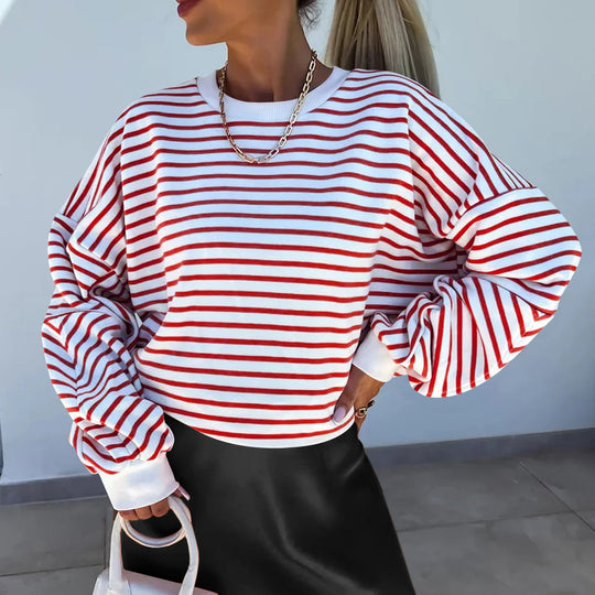 Damen Lässiges gestreiftes Sweatshirt mit voluminösen Ärmeln Heidi-Mode