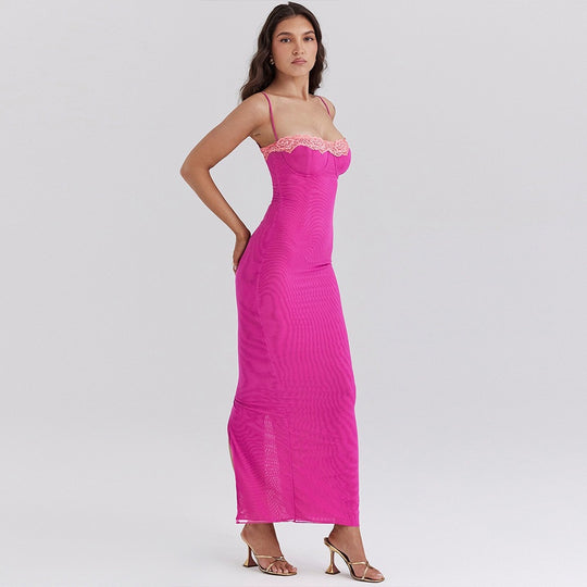Damen figurbetontes Maxikleid mit floralem Spitzeneinsatz Heidi-Mode