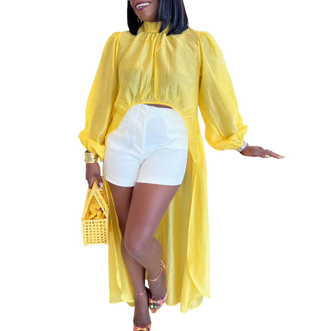 Damen Transparente Bluse mit Volantärmeln und asymmetrischem Schnitt Heidi-Mode