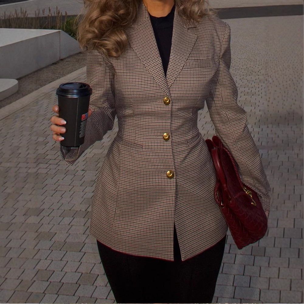 Damen Modischer Blazer im Karomuster mit taillierter Passform Heidi-Mode