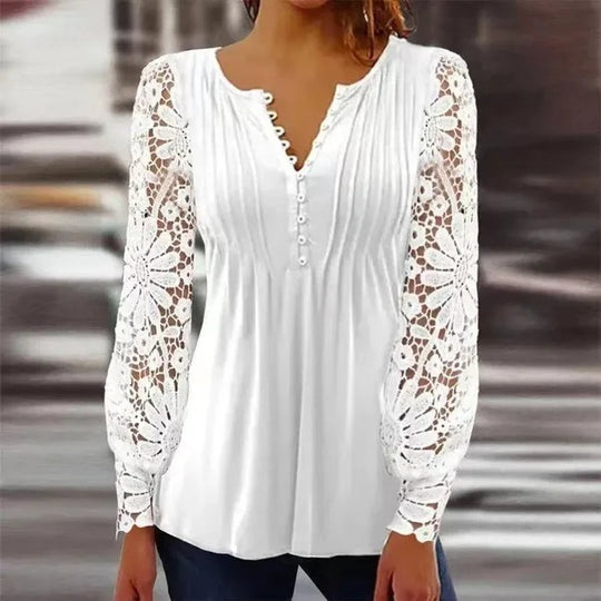 Damen Spitzenbluse mit eleganten Knopfdetails und voluminösen Ärmeln Heidi-Mode