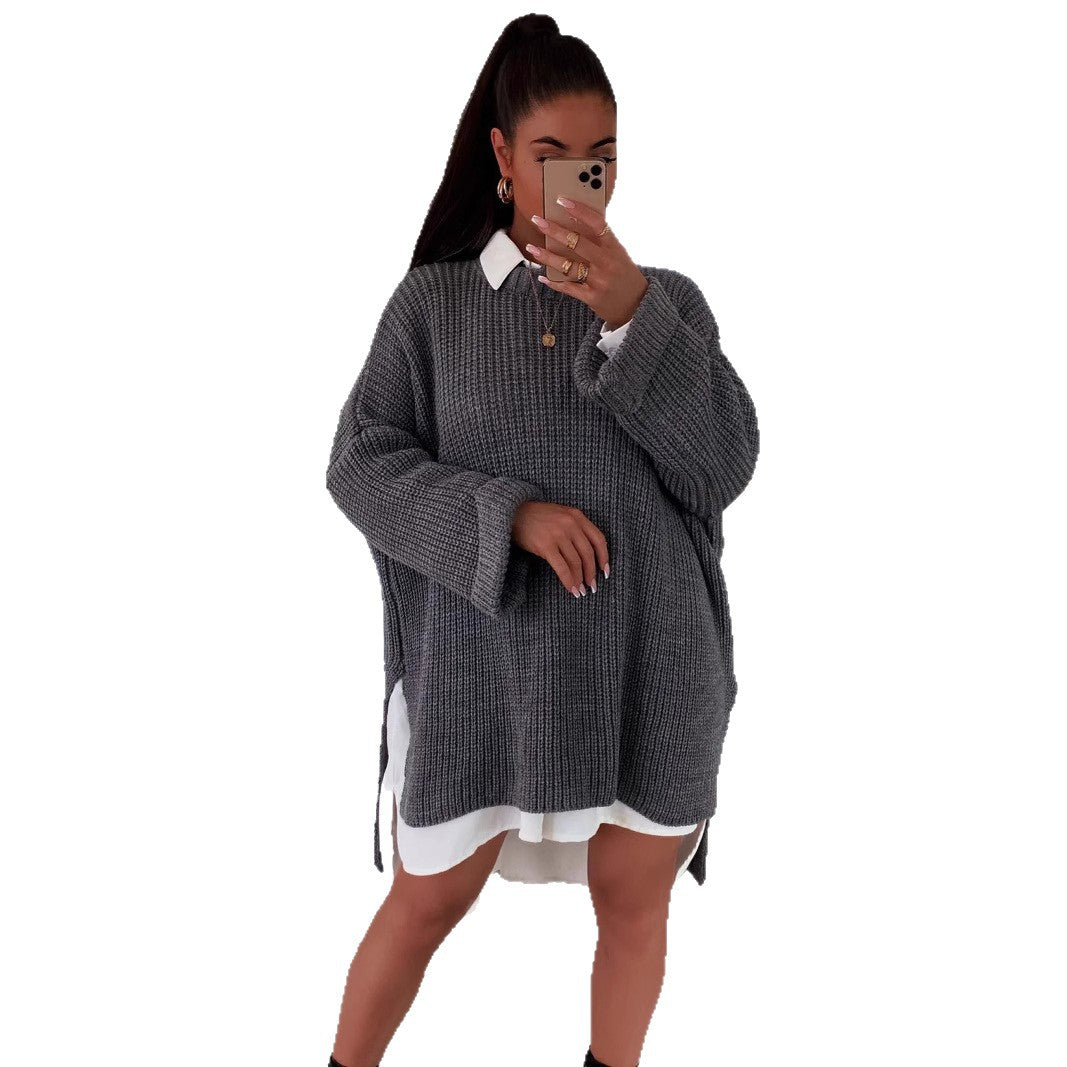 Damen grob gestrickter Oversize-Pullover mit V-Ausschnitt und lässigem Schnitt Heidi-Mode