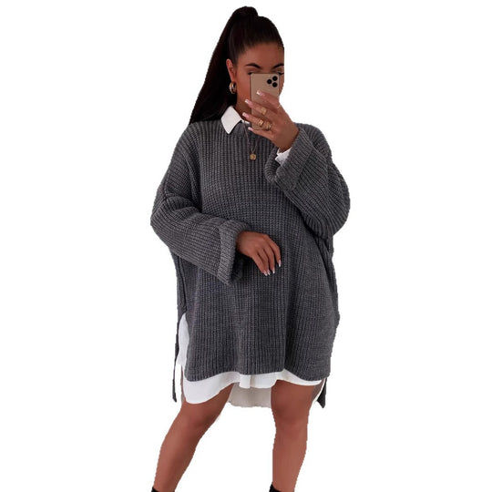 Damen grob gestrickter Oversize-Pullover mit V-Ausschnitt und lässigem Schnitt Heidi-Mode