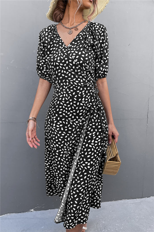 Damen Wickelkleid mit eleganten Puffärmeln und modernem Muster Heidi-Mode