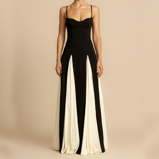 Damen Elegantes Maxikleid mit kontrastrierenden Stoffbahnen und schmalen Trägern Heidi-Mode