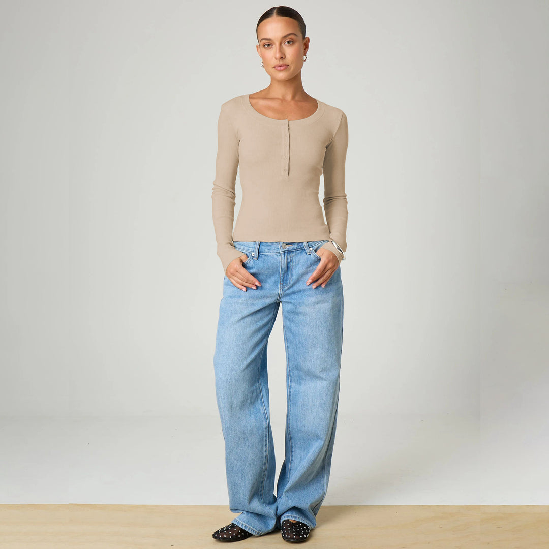 Damen Langarmshirt mit Knopfleiste und figurbetontem Schnitt Heidi-Mode