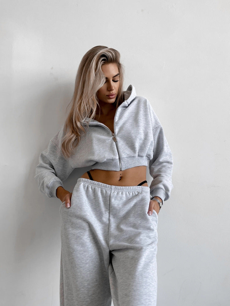 Damen lässiges Freizeit-Set mit cropped Hoodie und weiten Hosen Heidi-Mode