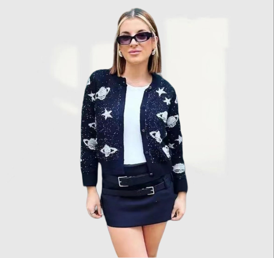 Damen modische Strickjacke mit auffälligem Sternen- und Planetenmotiv Heidi-Mode