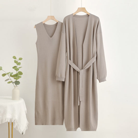 Damen 2-teiliges Kleid und Cardigan-Set mit V-Ausschnitt Heidi-Mode