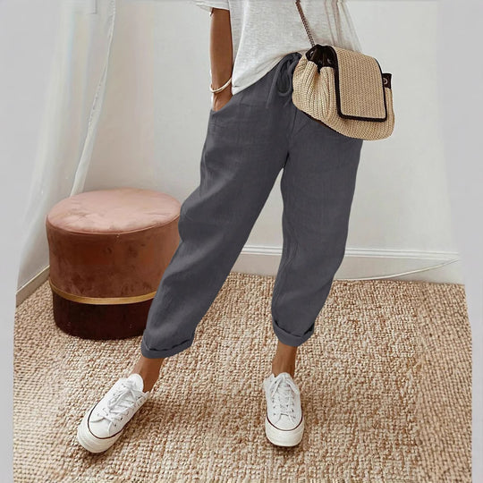 Damen Lässige Leinen-Hose mit elastischem Bund und praktischen Taschen Heidi-Mode