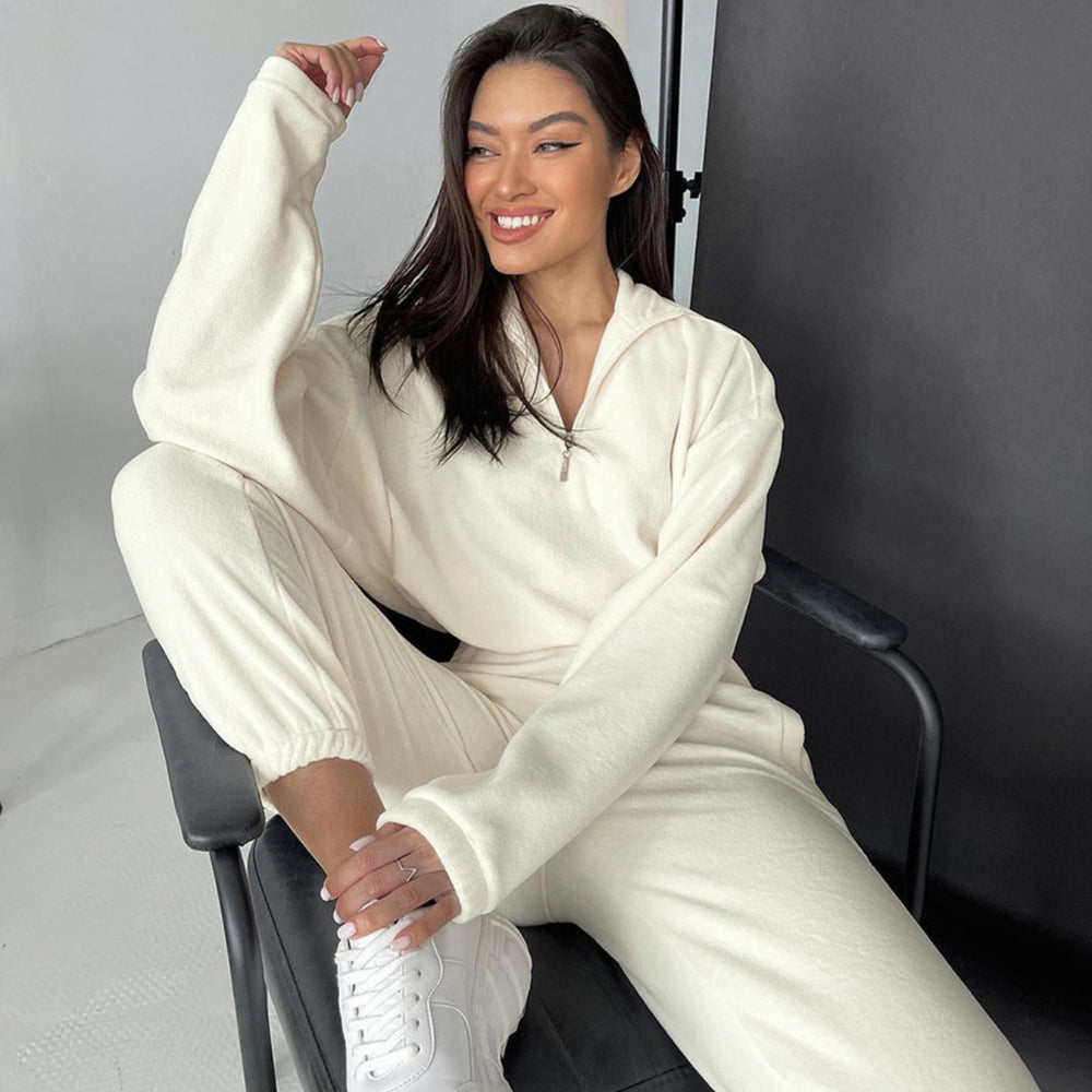 Damen lässiges Fleece-Loungewear-Set mit modernem Reißverschluss und weiten Ärmeln Heidi-Mode