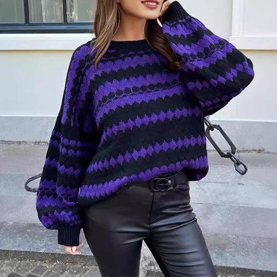 Damen gemütlicher Strickpullover mit modernem Zopfmuster und grafischen Akzenten Heidi-Mode